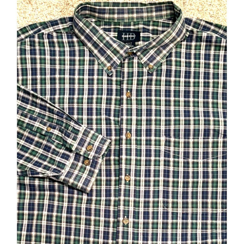 Harbor Bay Button Down Shirt Mens 3XLT Green Plaid Long Sleeve Big & Tall HB